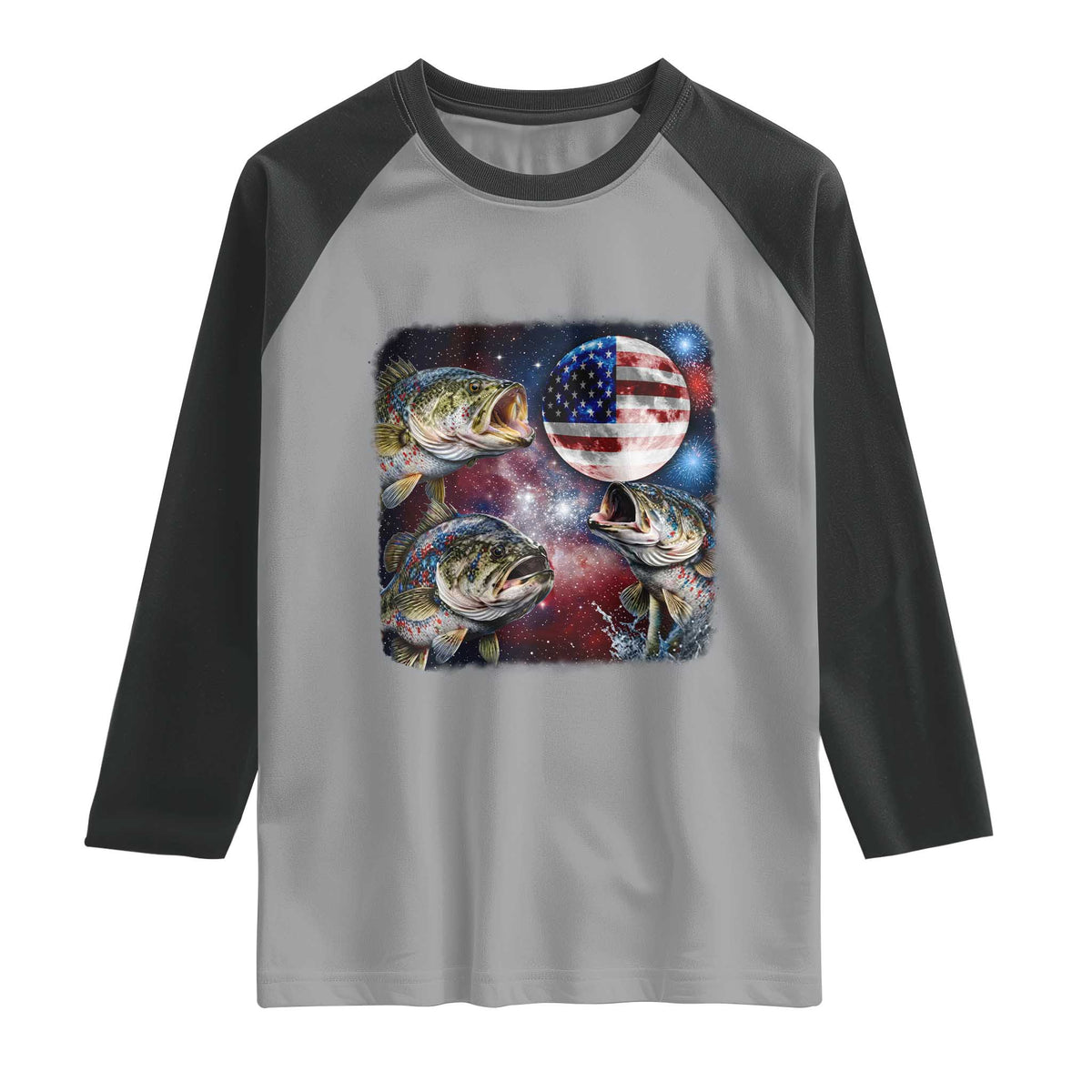 Patriotic Bass Fishing Moon Raglan Shirt 4th Of July Fisherman Gift TS12 Sport Gray Black Print Your Wear