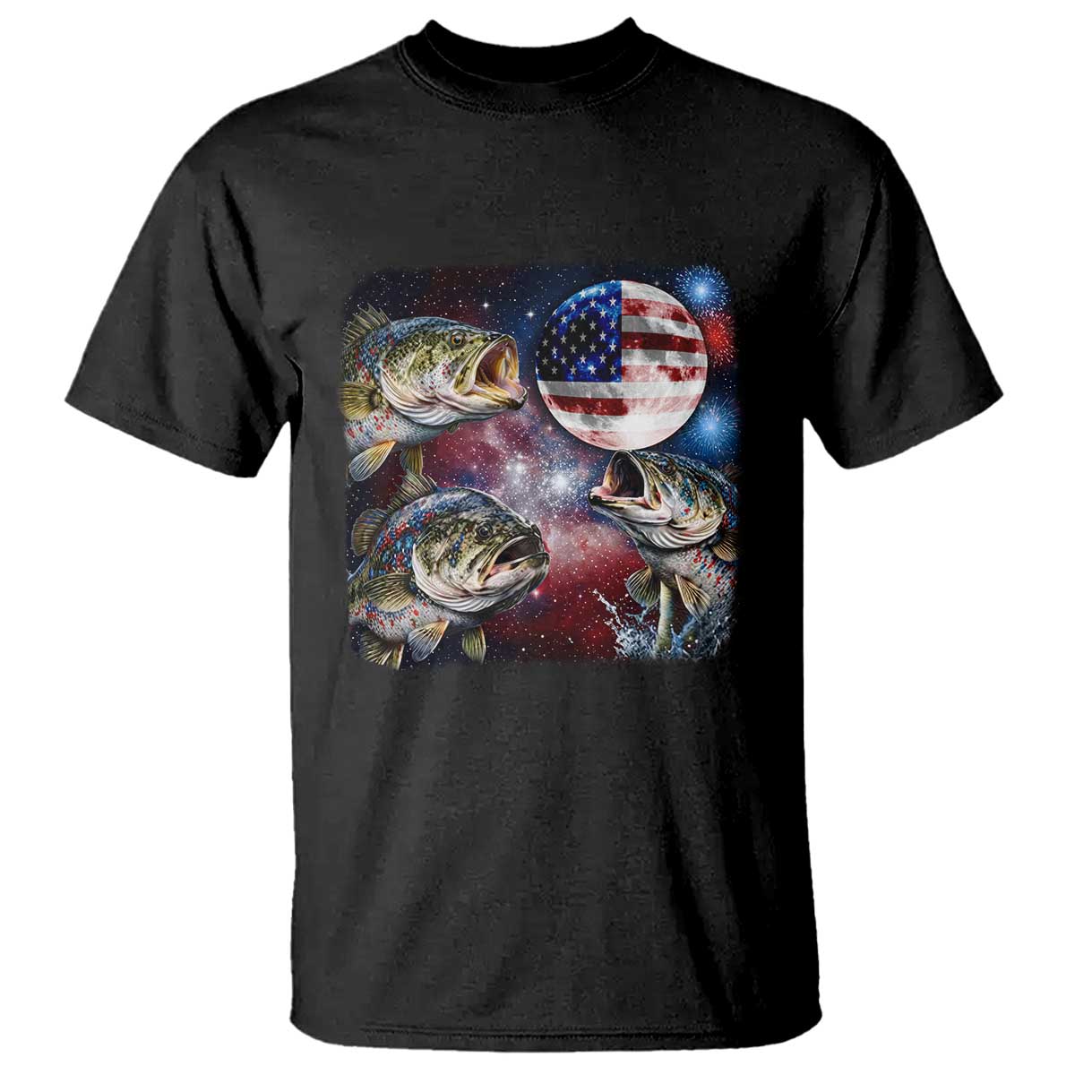 Patriotic Bass Fishing Moon T Shirt 4th Of July Fisherman Gift TS12 Black Print Your Wear