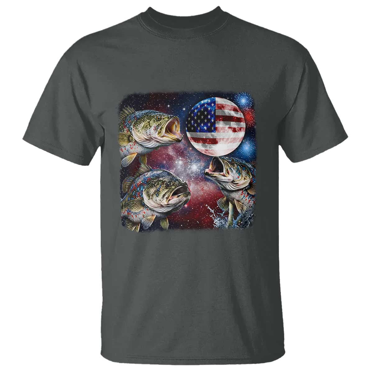Patriotic Bass Fishing Moon T Shirt 4th Of July Fisherman Gift TS12 Dark Heather Print Your Wear