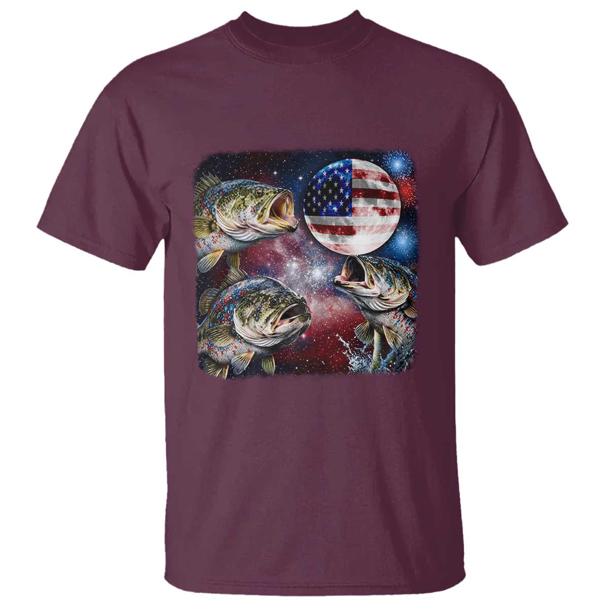 Patriotic Bass Fishing Moon T Shirt 4th Of July Fisherman Gift TS12 Maroon Print Your Wear