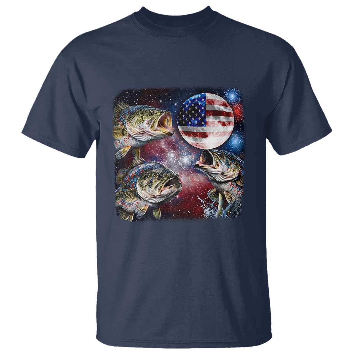 Patriotic Bass Fishing Moon T Shirt 4th Of July Fisherman Gift TS12 Navy Print Your Wear