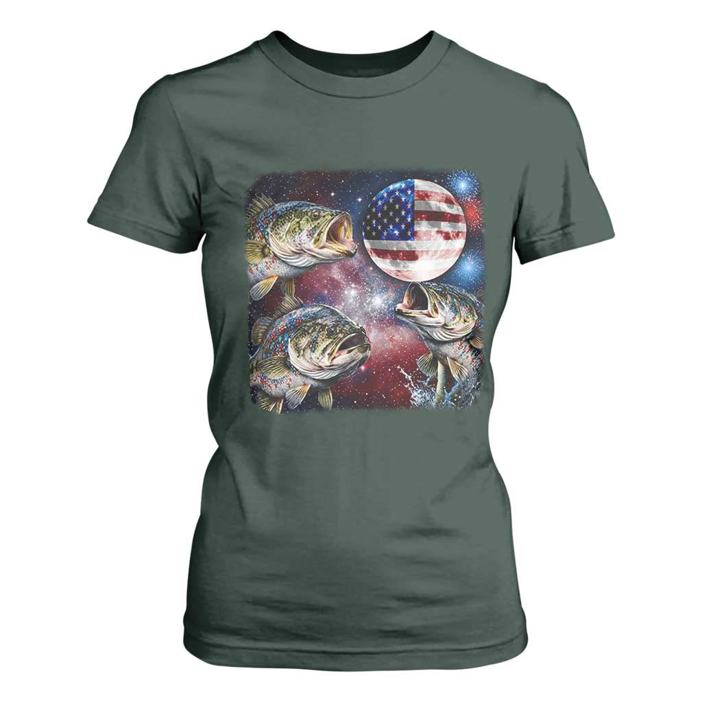 Patriotic Bass Fishing Moon T Shirt For Women 4th Of July Fisherman Gift TS12 Dark Forest Green Print Your Wear