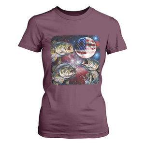 Patriotic Bass Fishing Moon T Shirt For Women 4th Of July Fisherman Gift TS12 Maroon Print Your Wear