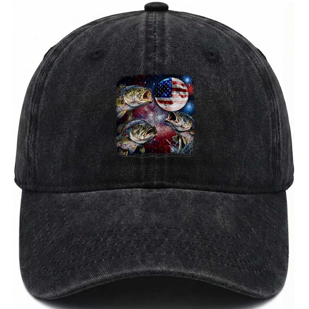 Patriotic Bass Fishing Moon Washed Cotton Baseball Cap 4th Of July Fisherman Gift TS12 Print Your Wear