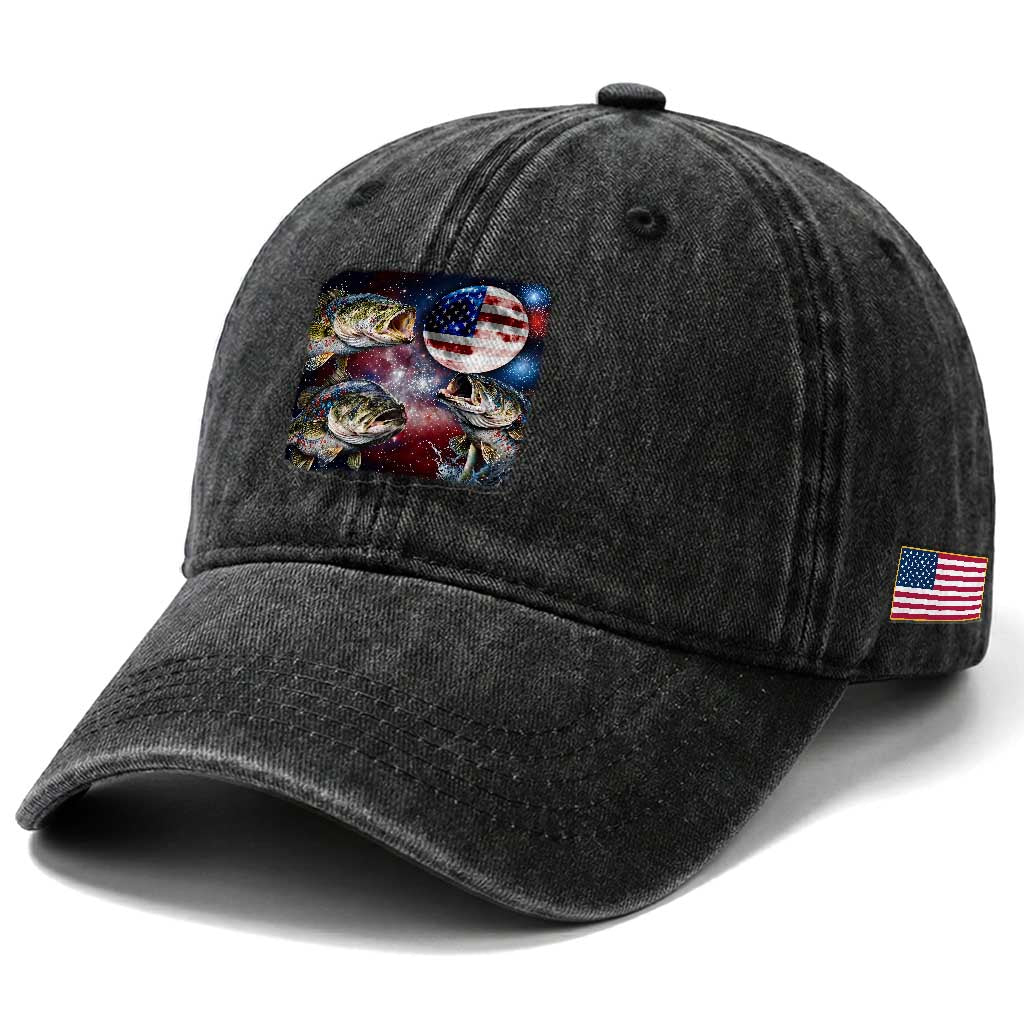 Patriotic Bass Fishing Moon Washed Cotton Baseball Cap 4th Of July Fisherman Gift TS12 Print Your Wear