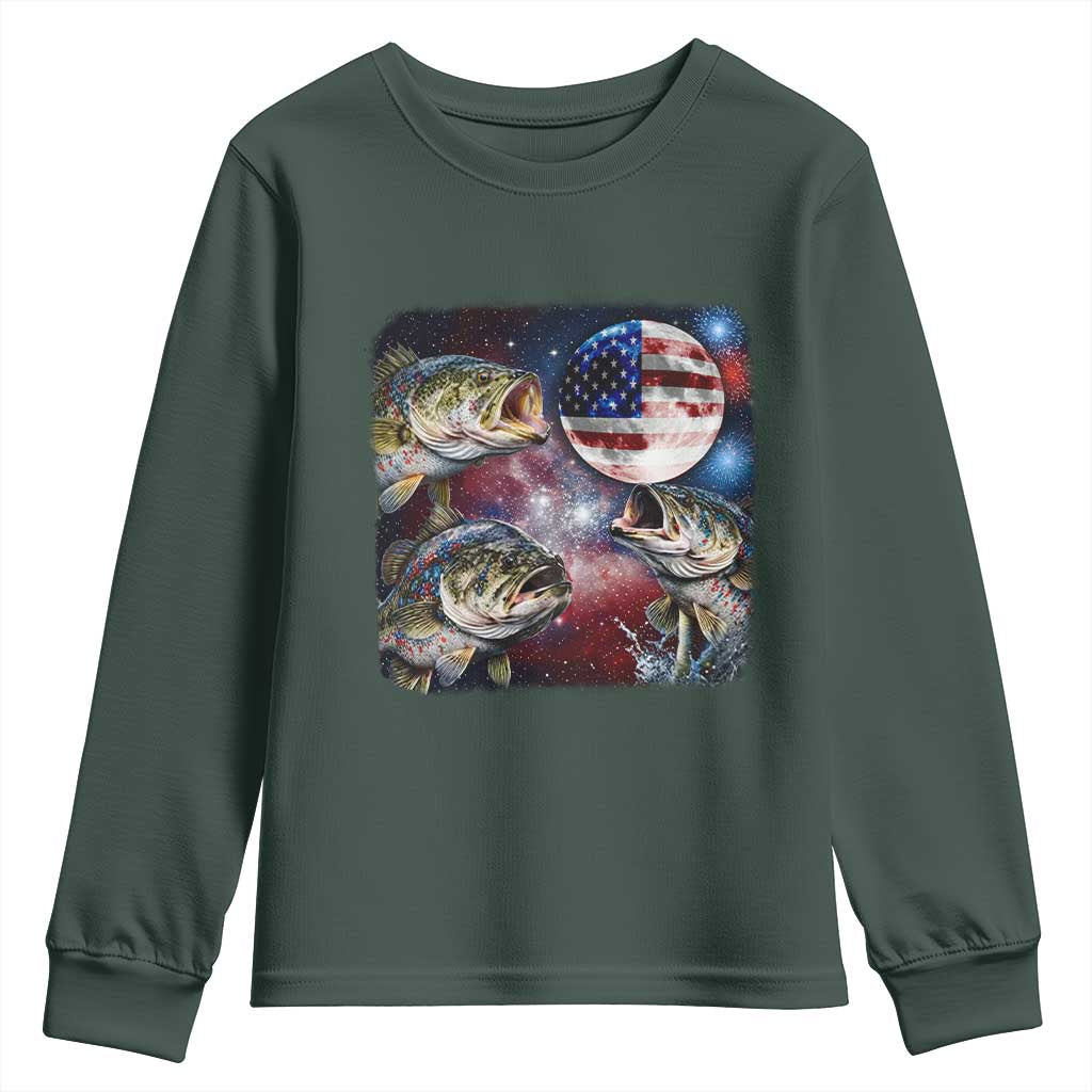Patriotic Bass Fishing Moon Youth Sweatshirt 4th Of July Fisherman Gift TS12 Dark Forest Green Print Your Wear