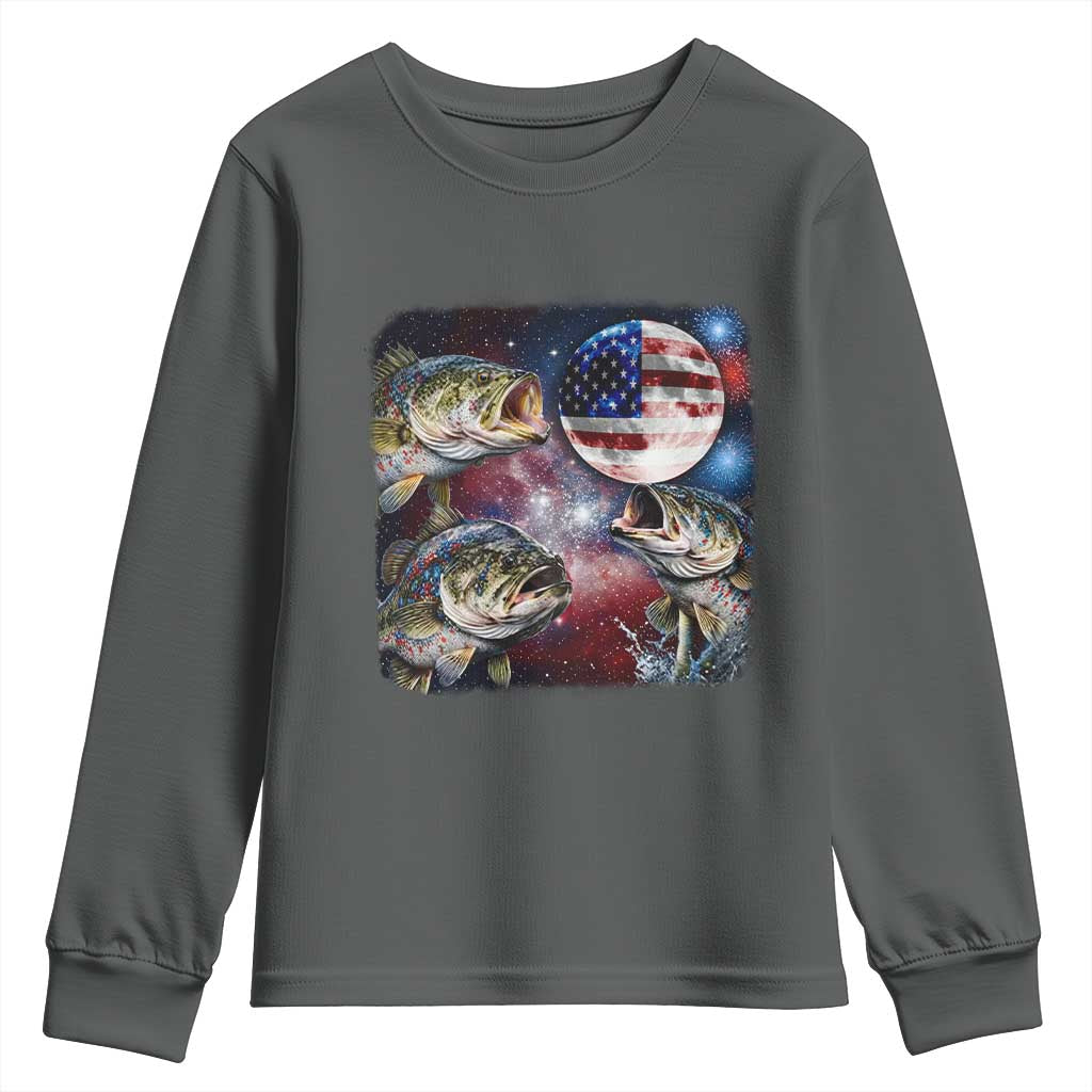 Patriotic Bass Fishing Moon Youth Sweatshirt 4th Of July Fisherman Gift TS12 Dark Heather Print Your Wear