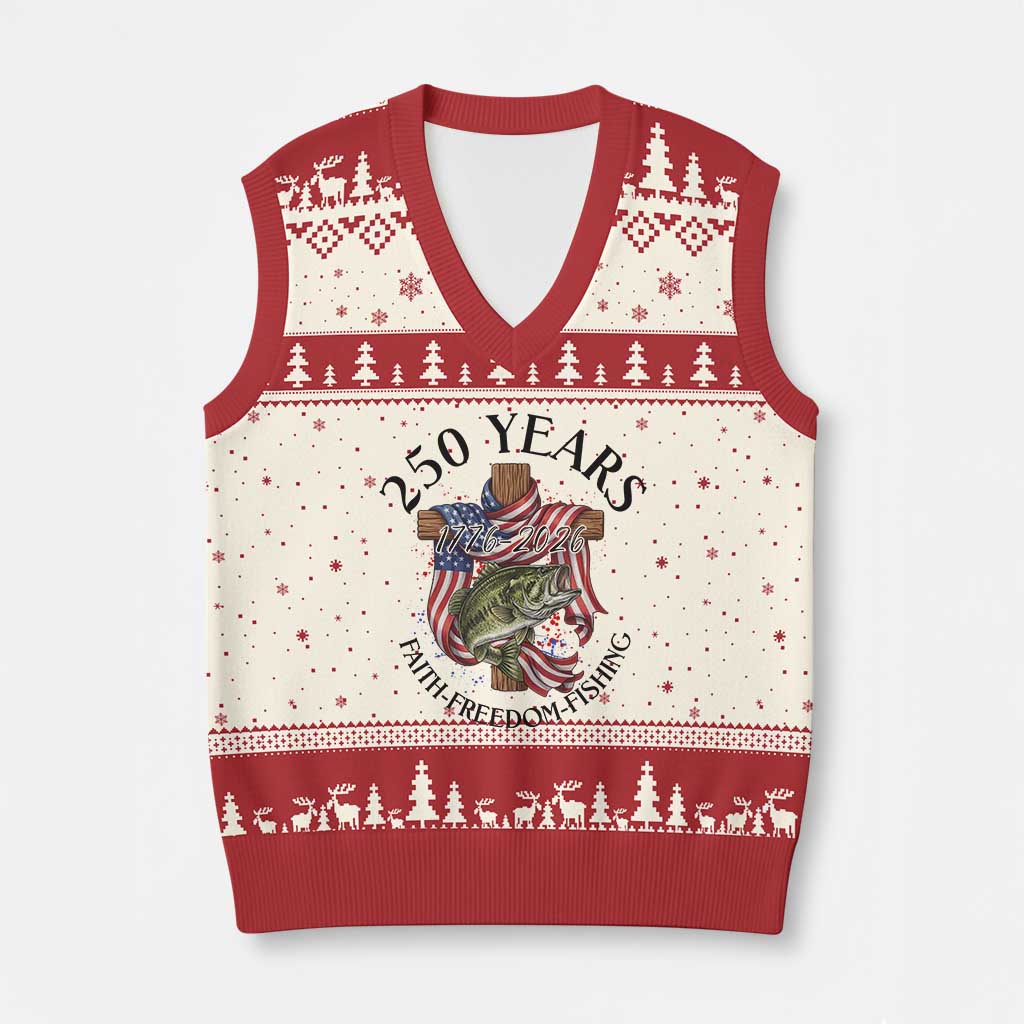 Faith Freedom Fishing V-Neck Knit Sweater Vest 250 Years Of Christian Fish Hunting TS12 Beige Red Print Your Wear