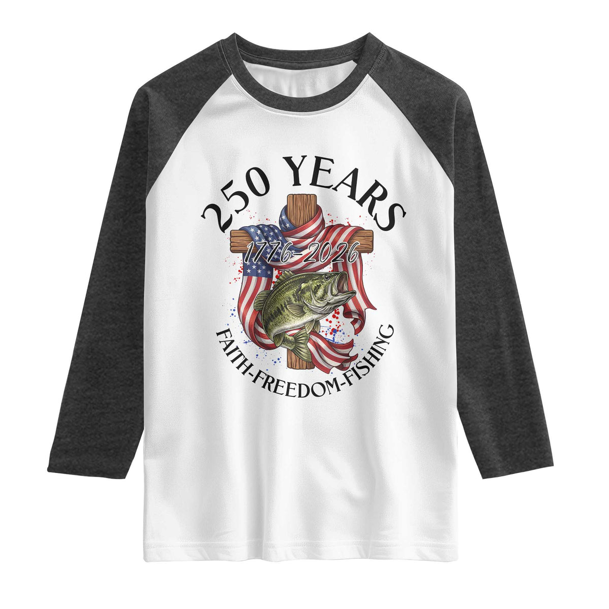Faith Freedom Fishing Raglan Shirt 250 Years Of Christian Fish Hunting TS12 White Heather Charcoal Print Your Wear