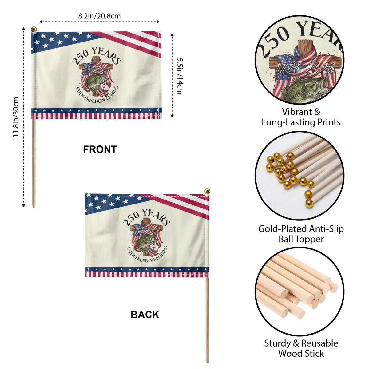 Faith Freedom Fishing Patriotic Handheld Flag 250 Years Of Christian Fish Hunting TS12 Print Your Wear