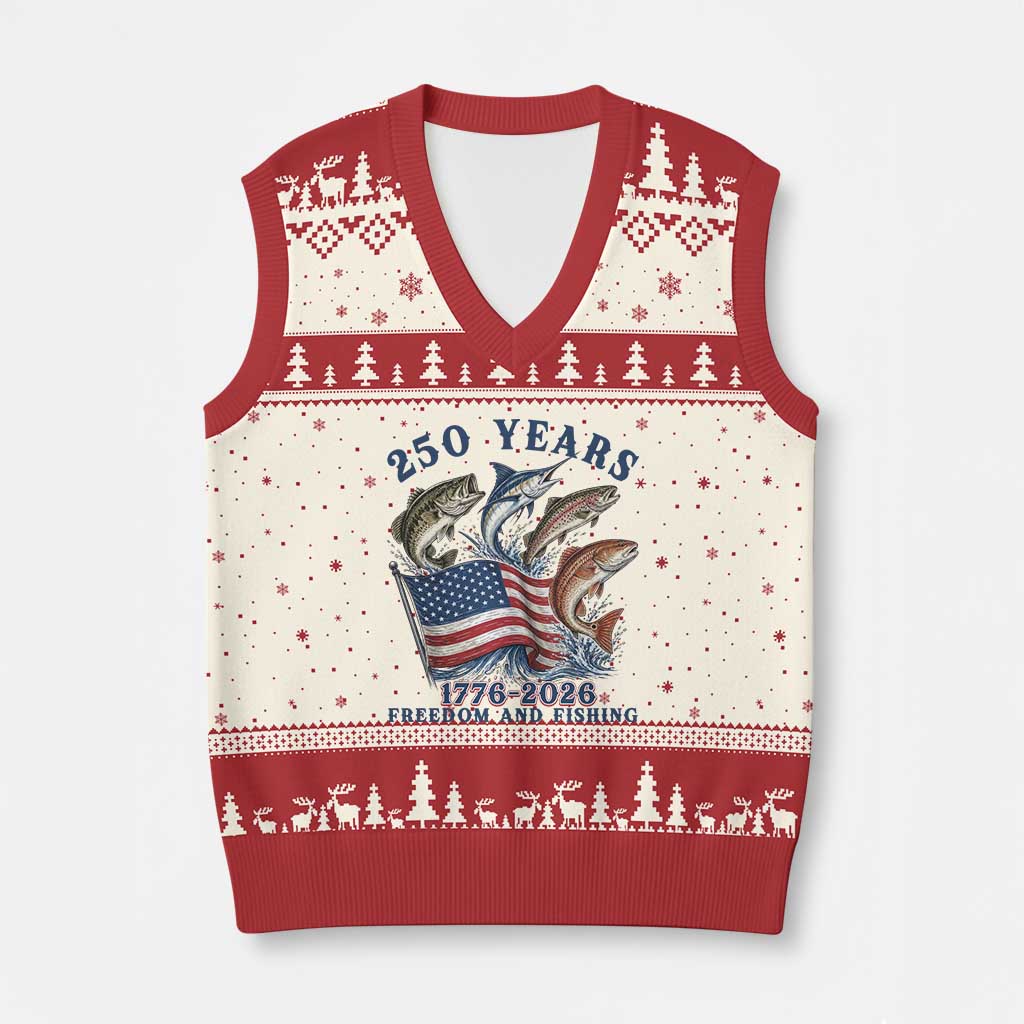 Freedom And Fishing V-Neck Knit Sweater Vest Patriotic American Flag Fisherman Gift TS12 Beige Red Print Your Wear
