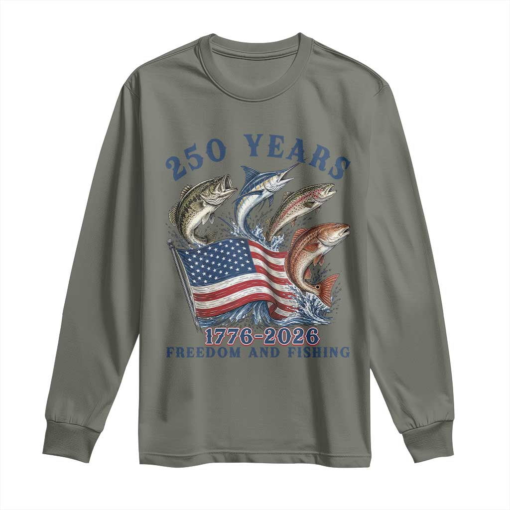 Freedom And Fishing Long Sleeve Shirt Patriotic American Flag Fisherman Gift TS12 Military Green Print Your Wear