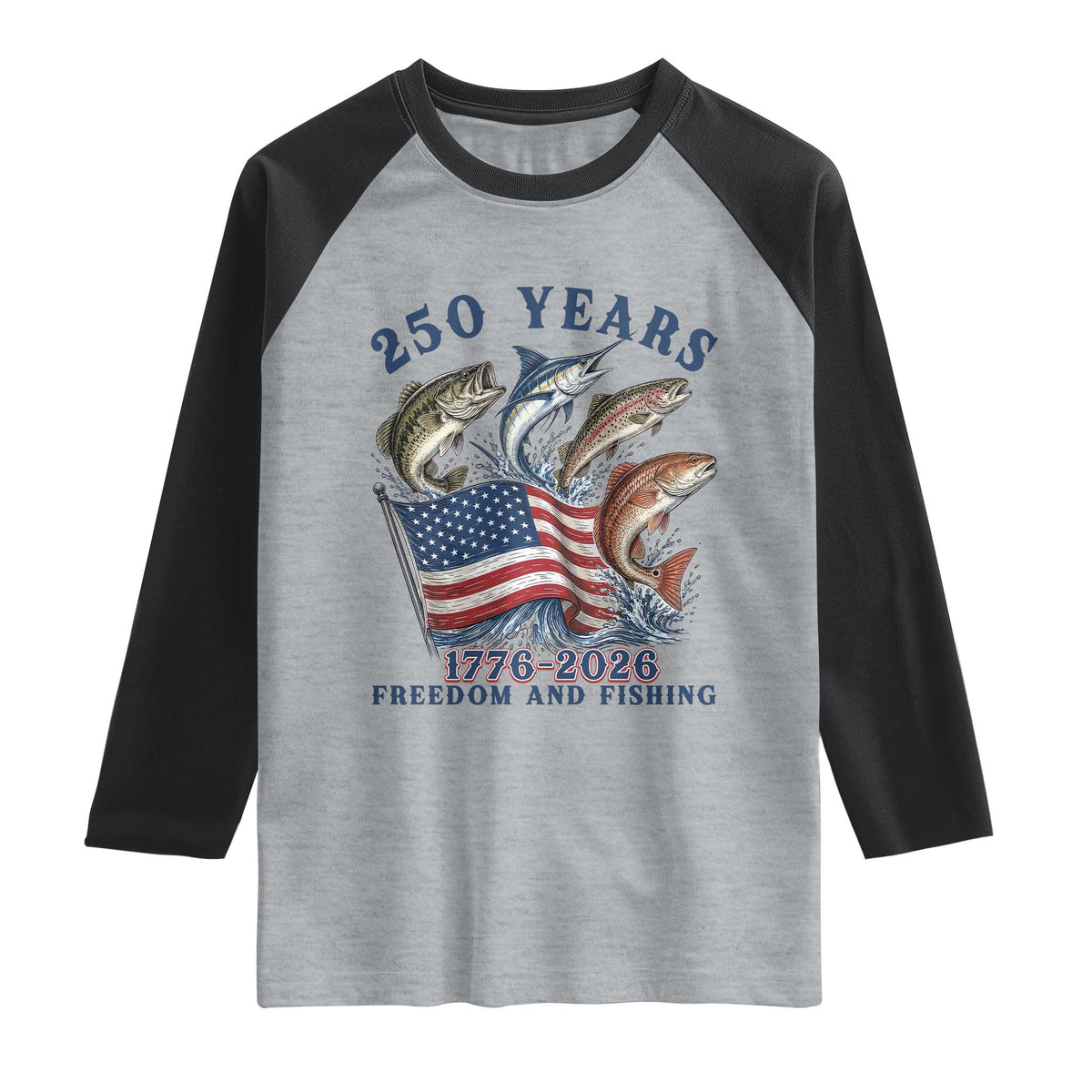 Freedom And Fishing Raglan Shirt Patriotic American Flag Fisherman Gift TS12 Heather Gray Black Print Your Wear
