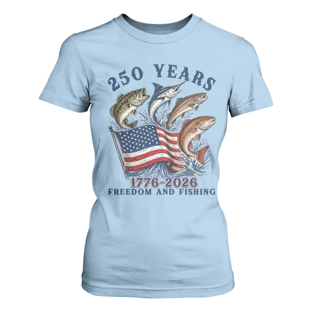 Freedom And Fishing T Shirt For Women Patriotic American Flag Fisherman Gift TS12 Light Blue Print Your Wear