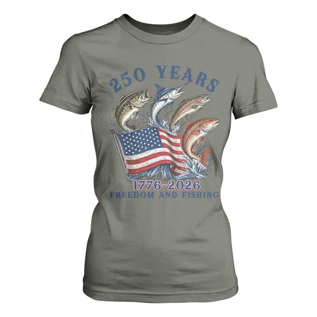 Freedom And Fishing T Shirt For Women Patriotic American Flag Fisherman Gift TS12 Military Green Print Your Wear