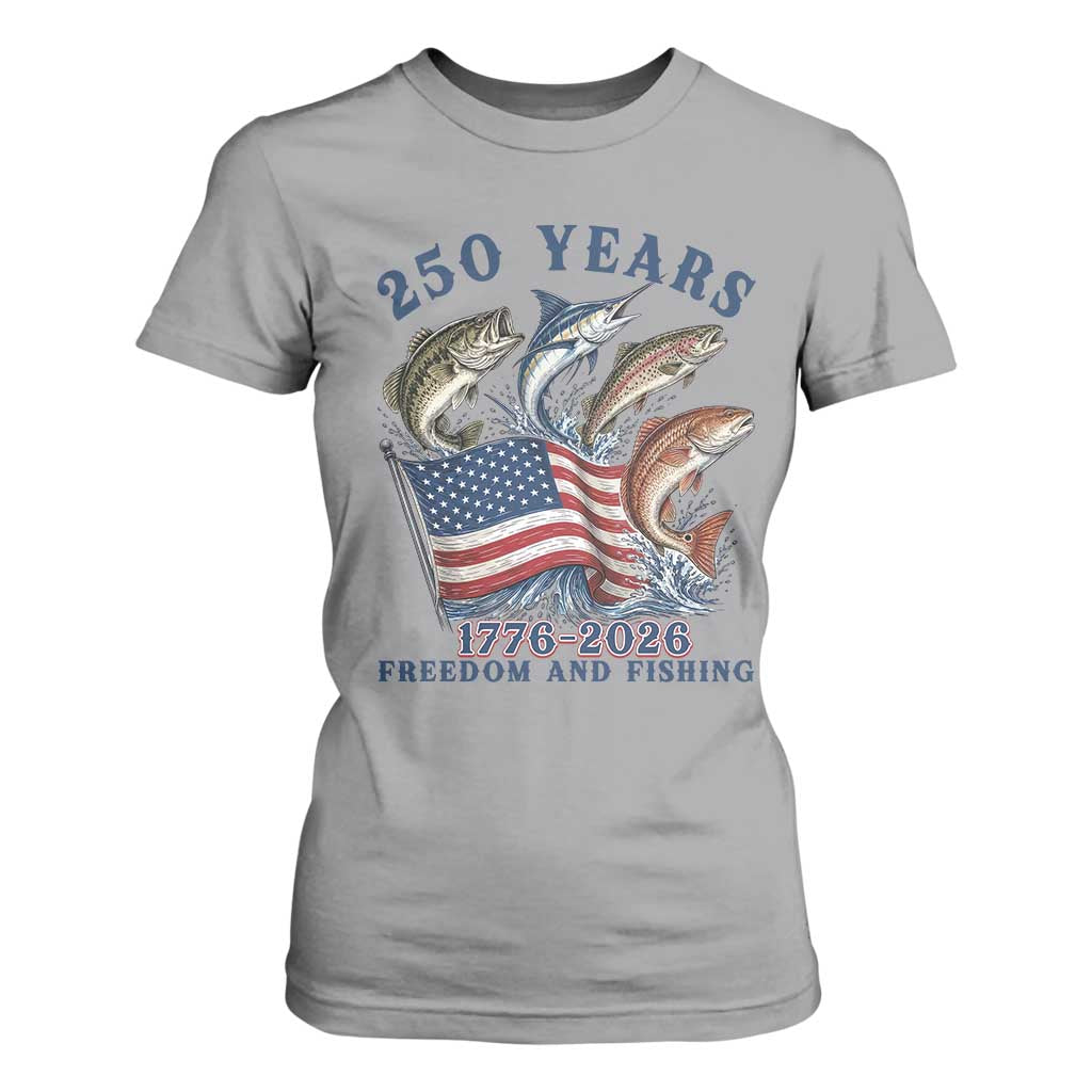Freedom And Fishing T Shirt For Women Patriotic American Flag Fisherman Gift TS12 Sport Gray Print Your Wear