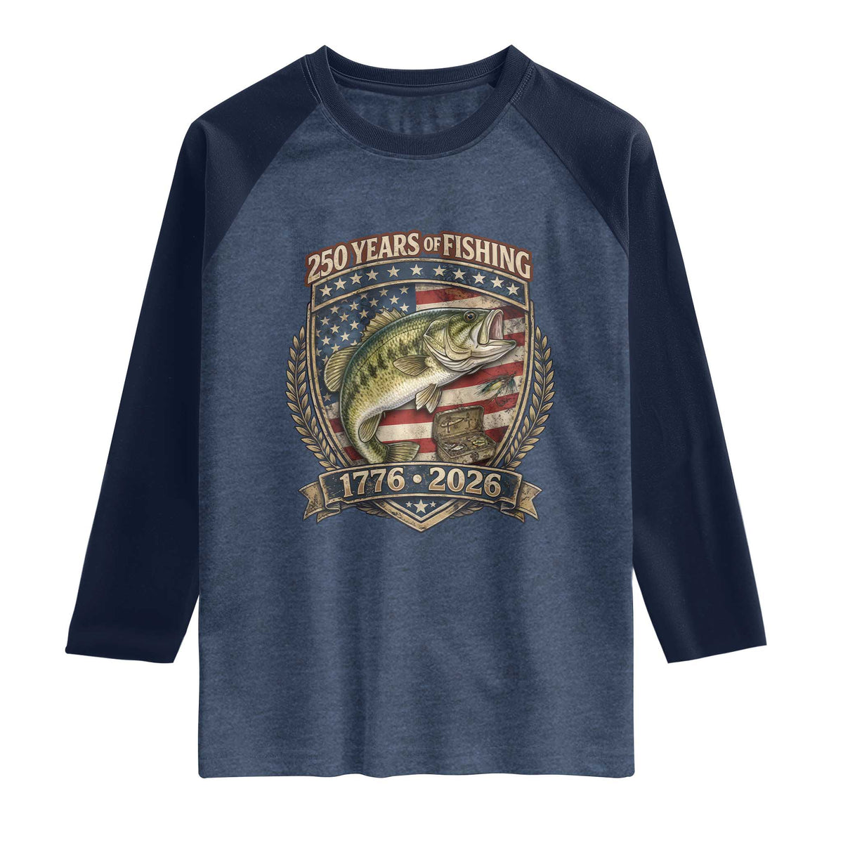 Vintage 250 Years Of Fishing Raglan Shirt American Flag Fisherman TS12 Heather Denim Navy Print Your Wear