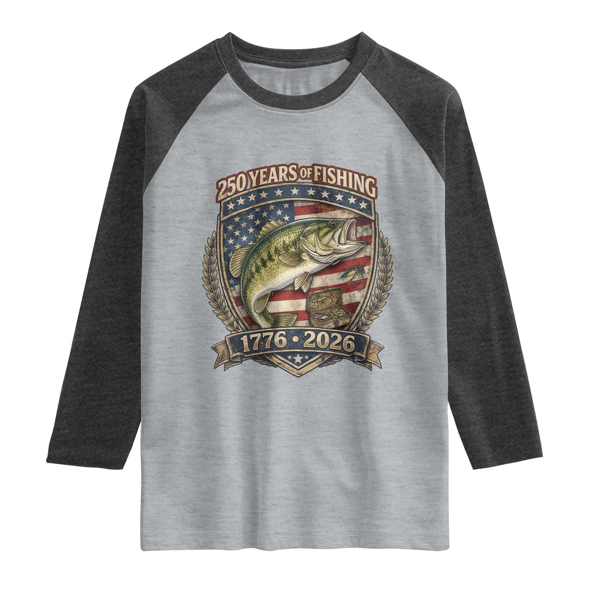 Vintage 250 Years Of Fishing Raglan Shirt American Flag Fisherman TS12 Heather Gray Heather Charcoal Print Your Wear