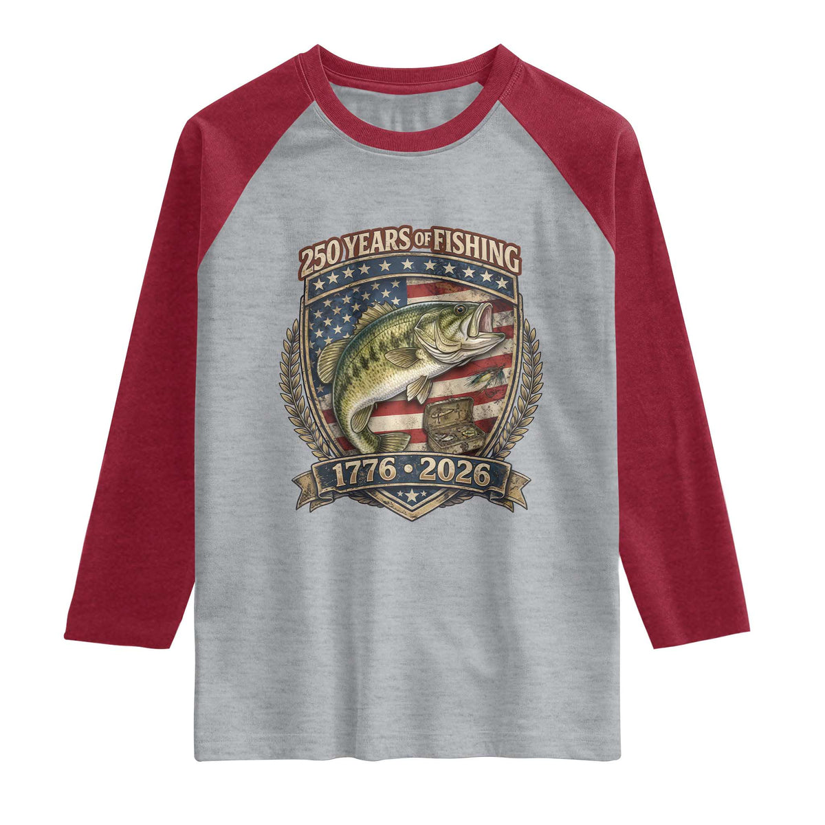 Vintage 250 Years Of Fishing Raglan Shirt American Flag Fisherman TS12 Heather Gray Heather Red Print Your Wear