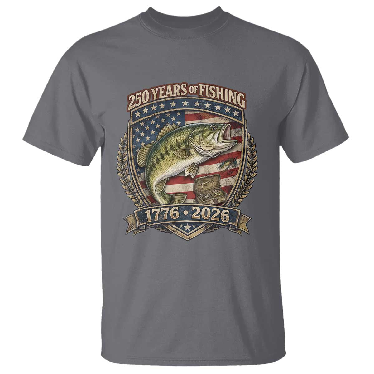 Vintage 250 Years Of Fishing T Shirt American Flag Fisherman TS12 Charcoal Print Your Wear