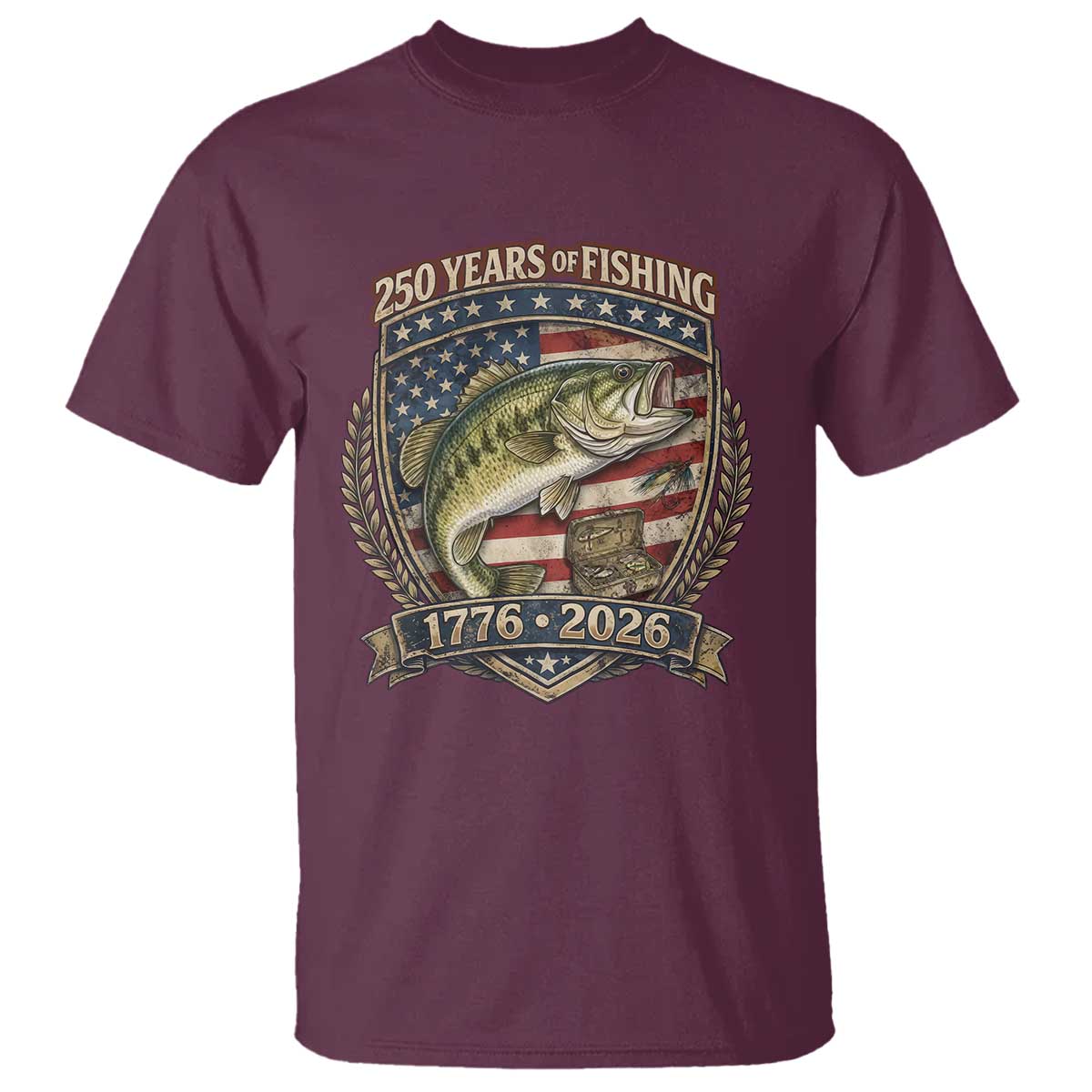 Vintage 250 Years Of Fishing T Shirt American Flag Fisherman TS12 Maroon Print Your Wear