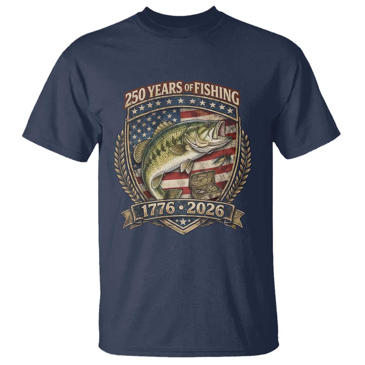 Vintage 250 Years Of Fishing T Shirt American Flag Fisherman TS12 Navy Print Your Wear