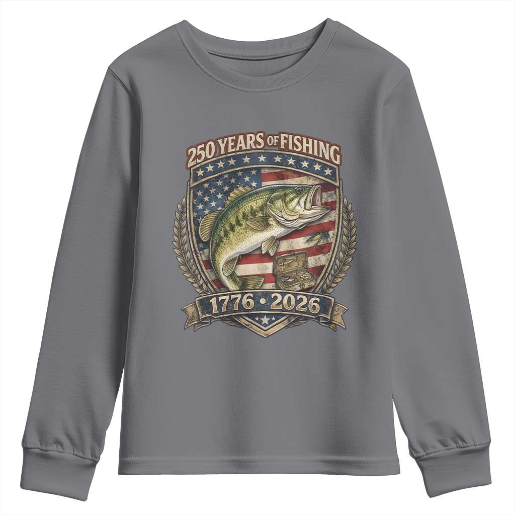 Vintage 250 Years Of Fishing Youth Sweatshirt American Flag Fisherman TS12 Charcoal Print Your Wear