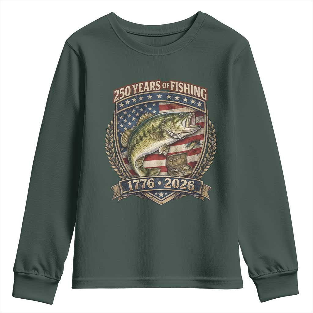 Vintage 250 Years Of Fishing Youth Sweatshirt American Flag Fisherman TS12 Dark Forest Green Print Your Wear