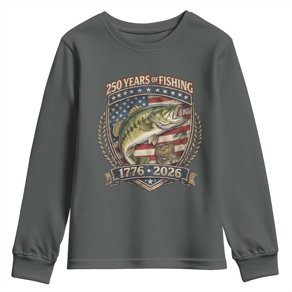 Vintage 250 Years Of Fishing Youth Sweatshirt American Flag Fisherman TS12 Dark Heather Print Your Wear