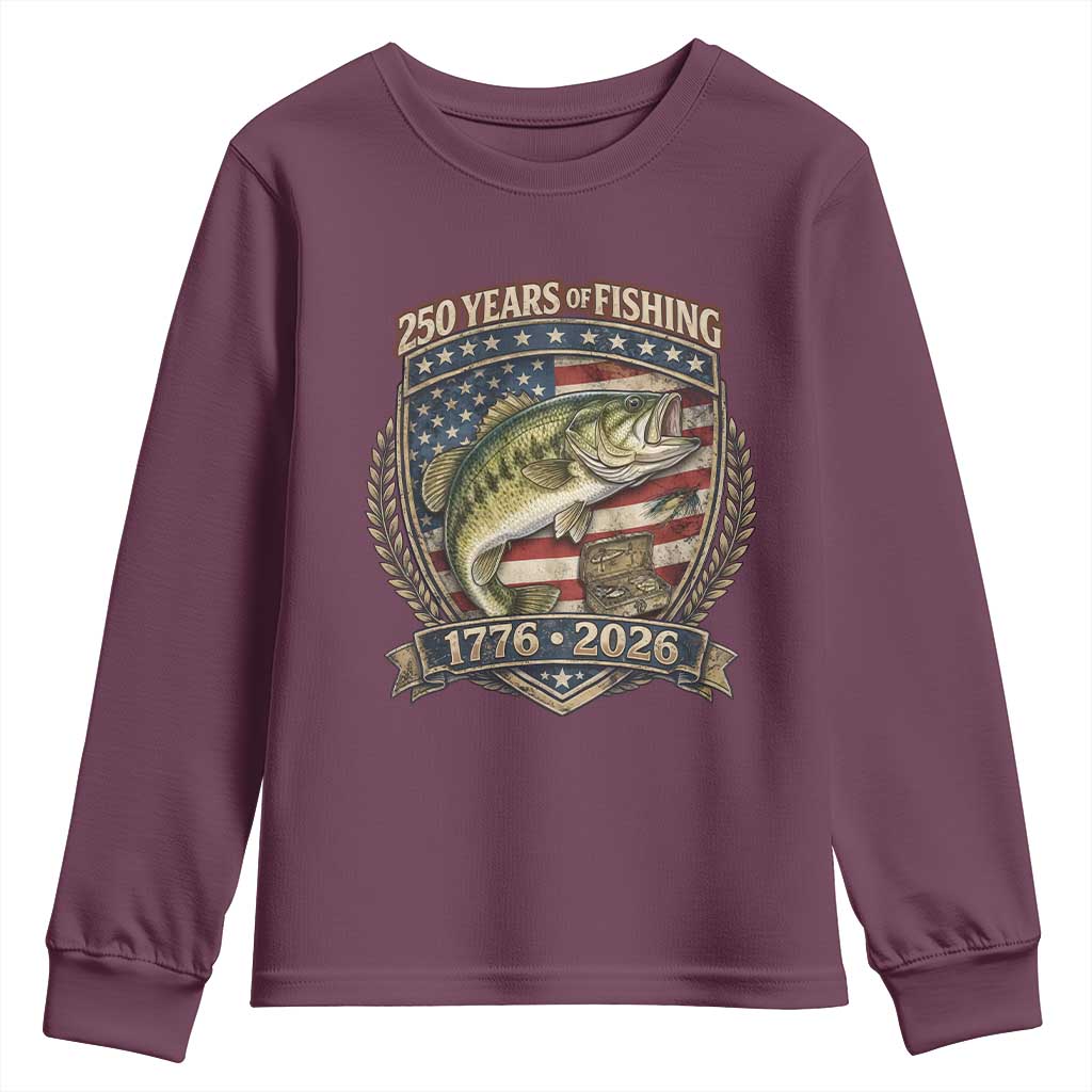 Vintage 250 Years Of Fishing Youth Sweatshirt American Flag Fisherman TS12 Maroon Print Your Wear