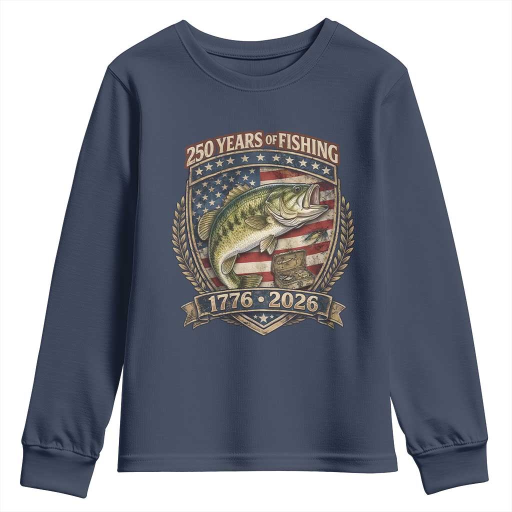 Vintage 250 Years Of Fishing Youth Sweatshirt American Flag Fisherman TS12 Navy Print Your Wear