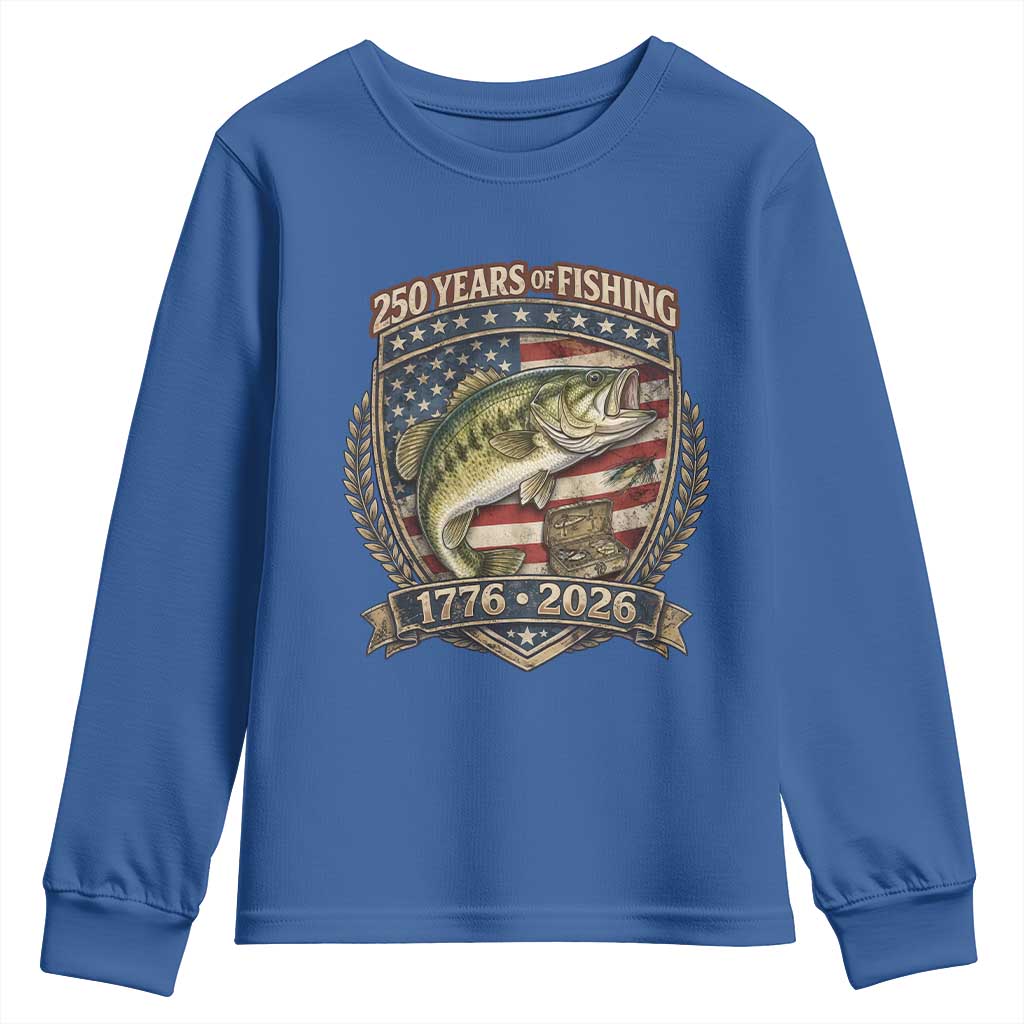Vintage 250 Years Of Fishing Youth Sweatshirt American Flag Fisherman TS12 Royal Blue Print Your Wear