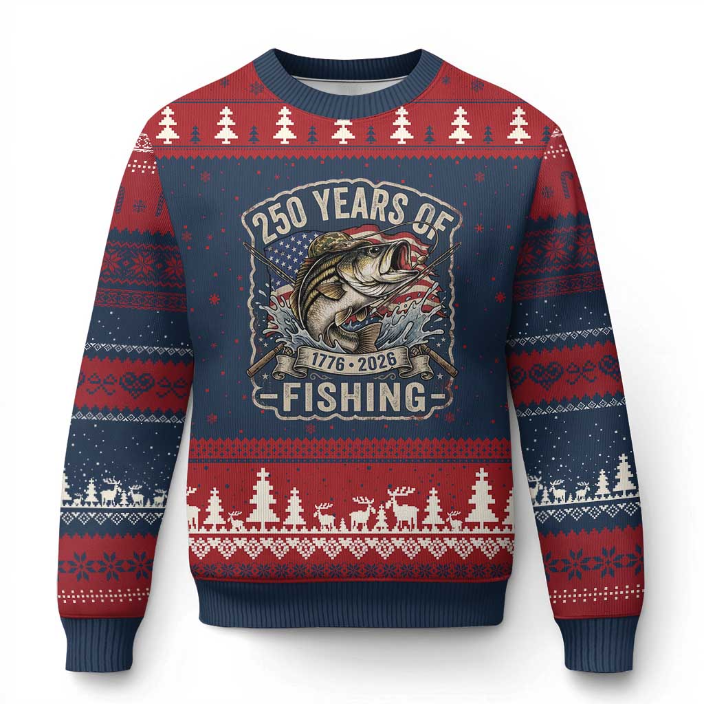 Vintage 250 Years Of Fishing Ugly Christmas Sweater Patriotic Angler TS12 Navy Red Print Your Wear