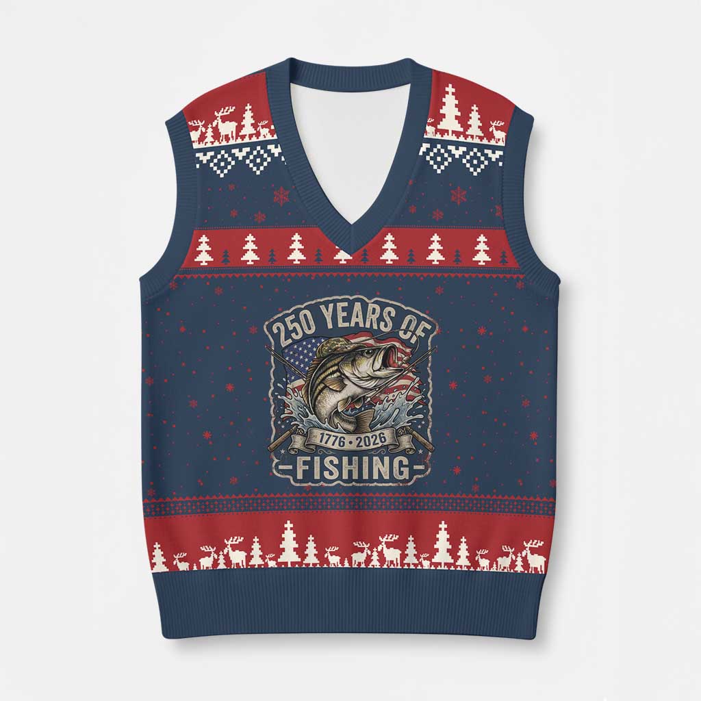 Vintage 250 Years Of Fishing V-Neck Knit Sweater Vest Patriotic Angler TS12 Navy Red Print Your Wear