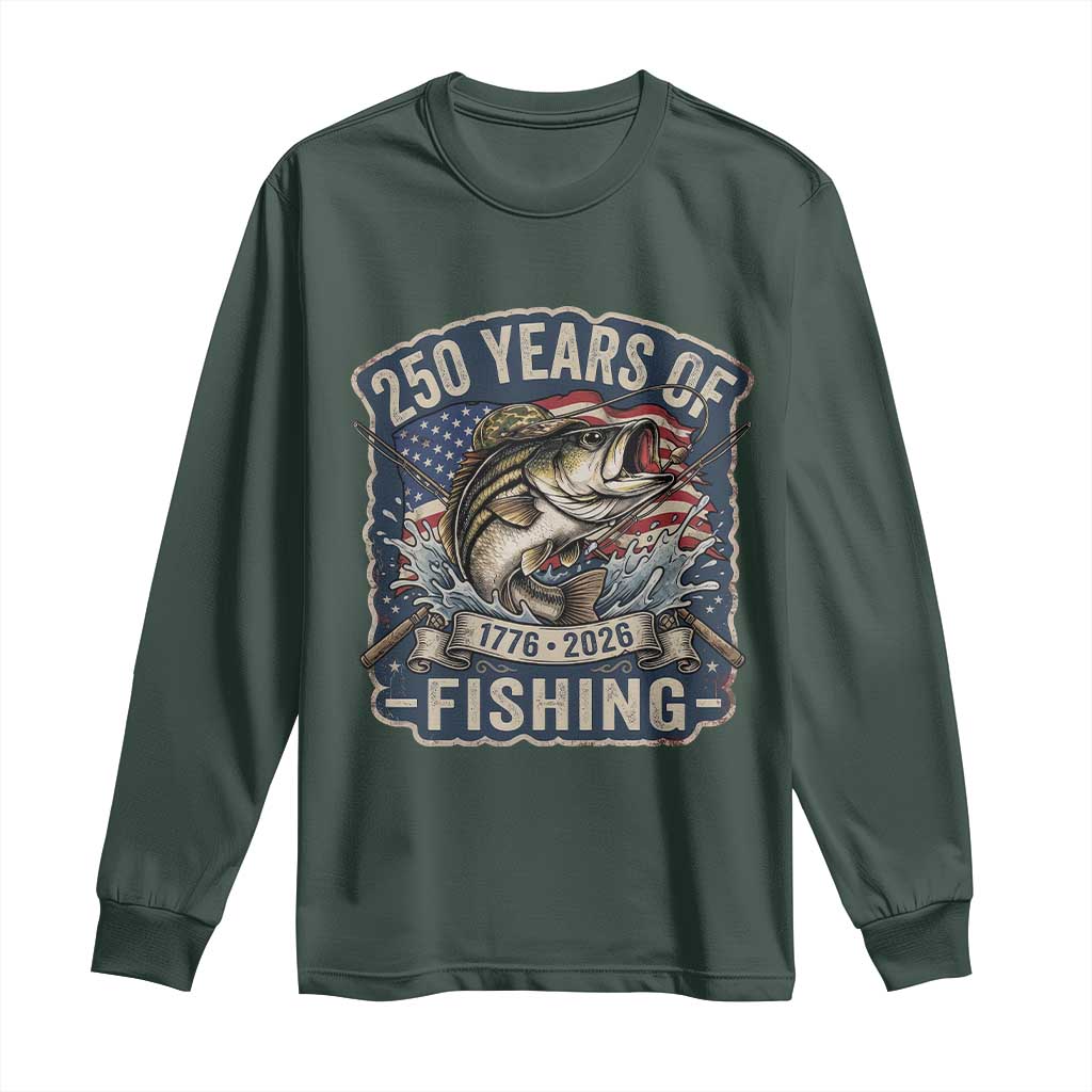 Vintage 250 Years Of Fishing Long Sleeve Shirt Patriotic Angler TS12 Dark Forest Green Print Your Wear