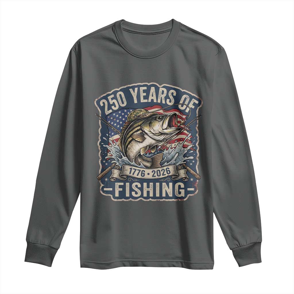 Vintage 250 Years Of Fishing Long Sleeve Shirt Patriotic Angler TS12 Dark Heather Print Your Wear