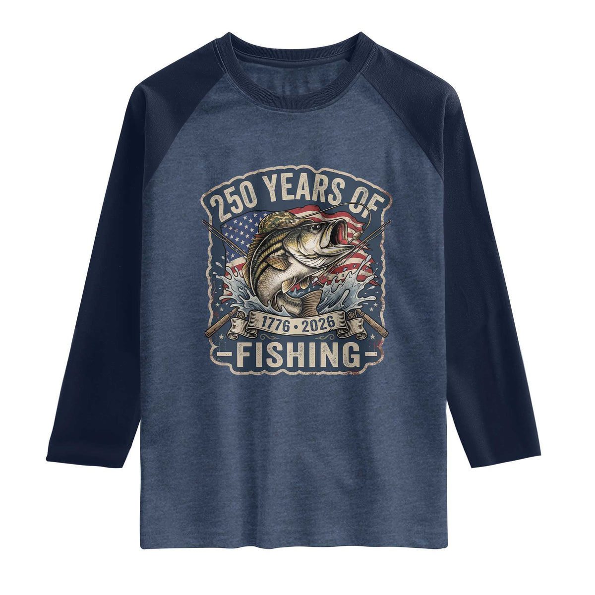 Vintage 250 Years Of Fishing Raglan Shirt Patriotic Angler TS12 Heather Denim Navy Print Your Wear