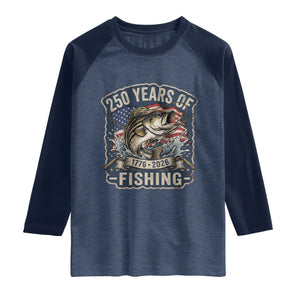 Vintage 250 Years Of Fishing Raglan Shirt Patriotic Angler TS12 Heather Denim Navy Print Your Wear