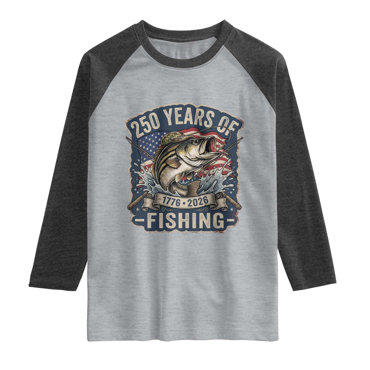 Vintage 250 Years Of Fishing Raglan Shirt Patriotic Angler TS12 Heather Gray Heather Charcoal Print Your Wear