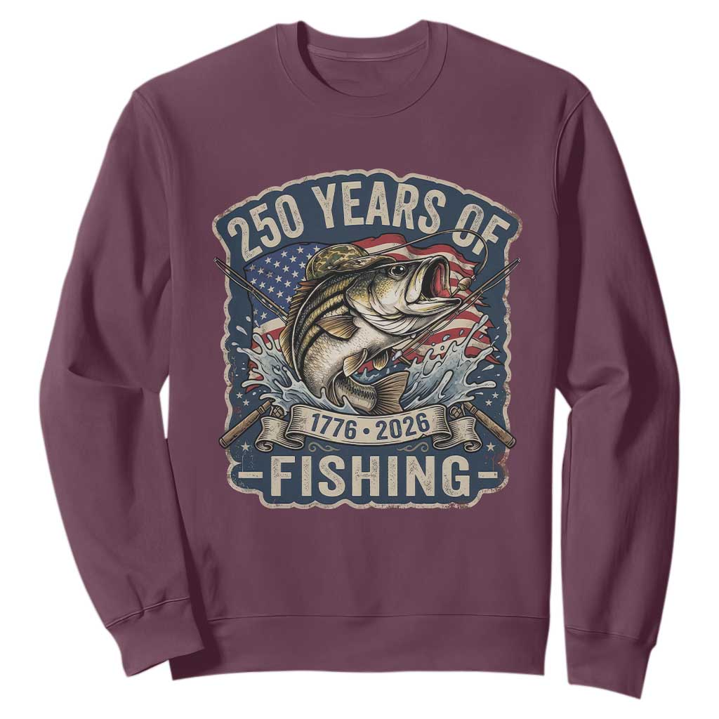 Vintage 250 Years Of Fishing Sweatshirt Patriotic Angler TS12 Maroon Print Your Wear