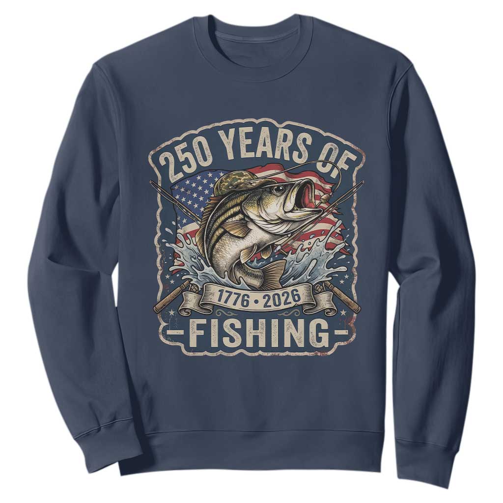 Vintage 250 Years Of Fishing Sweatshirt Patriotic Angler TS12 Navy Print Your Wear
