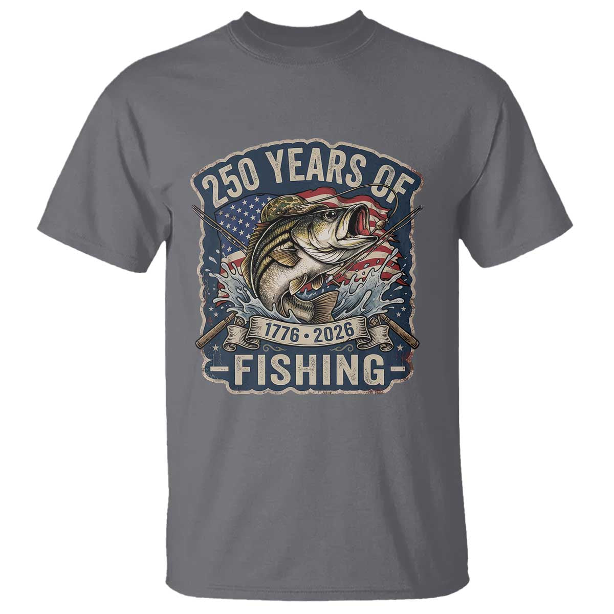Vintage 250 Years Of Fishing T Shirt Patriotic Angler TS12 Charcoal Print Your Wear