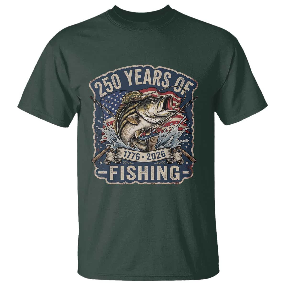 Vintage 250 Years Of Fishing T Shirt Patriotic Angler TS12 Dark Forest Green Print Your Wear
