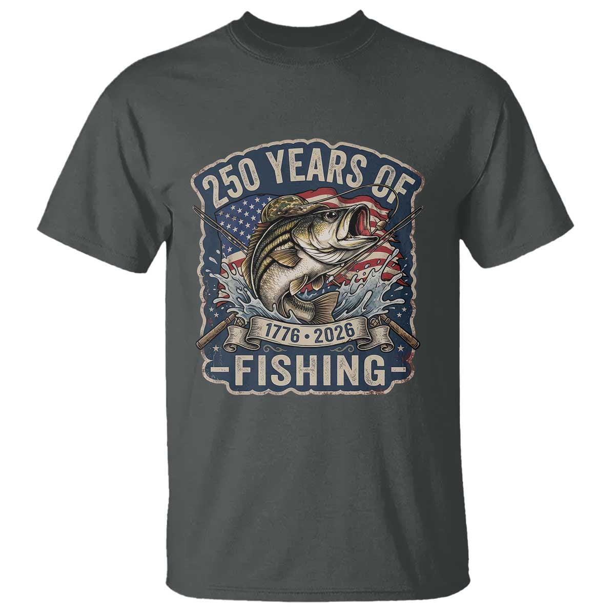Vintage 250 Years Of Fishing T Shirt Patriotic Angler TS12 Dark Heather Print Your Wear