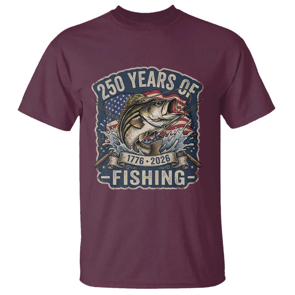Vintage 250 Years Of Fishing T Shirt Patriotic Angler TS12 Maroon Print Your Wear