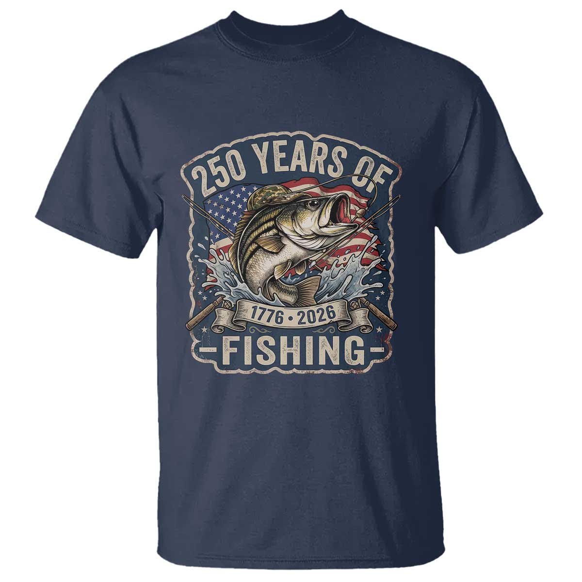 Vintage 250 Years Of Fishing T Shirt Patriotic Angler TS12 Navy Print Your Wear