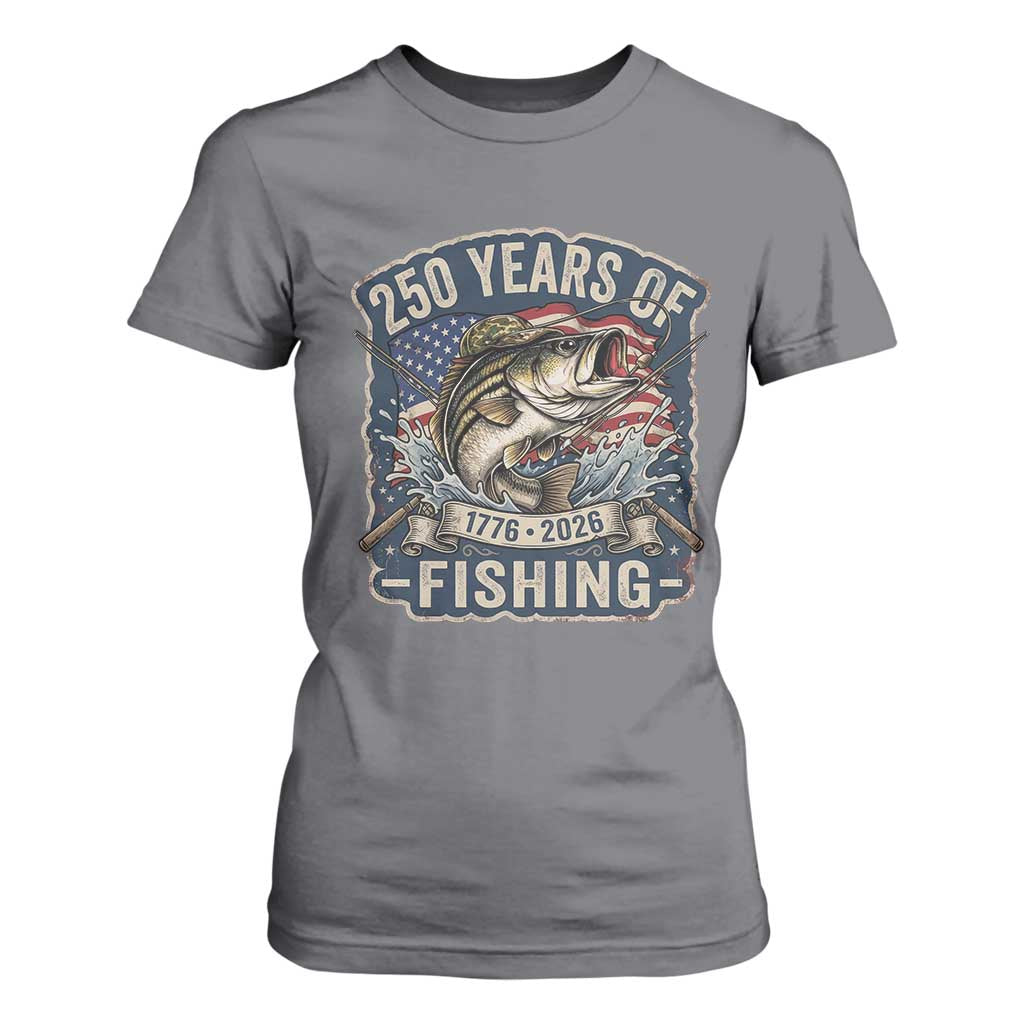 Vintage 250 Years Of Fishing T Shirt For Women Patriotic Angler TS12 Charcoal Print Your Wear