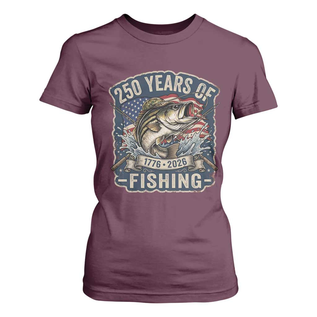 Vintage 250 Years Of Fishing T Shirt For Women Patriotic Angler TS12 Maroon Print Your Wear