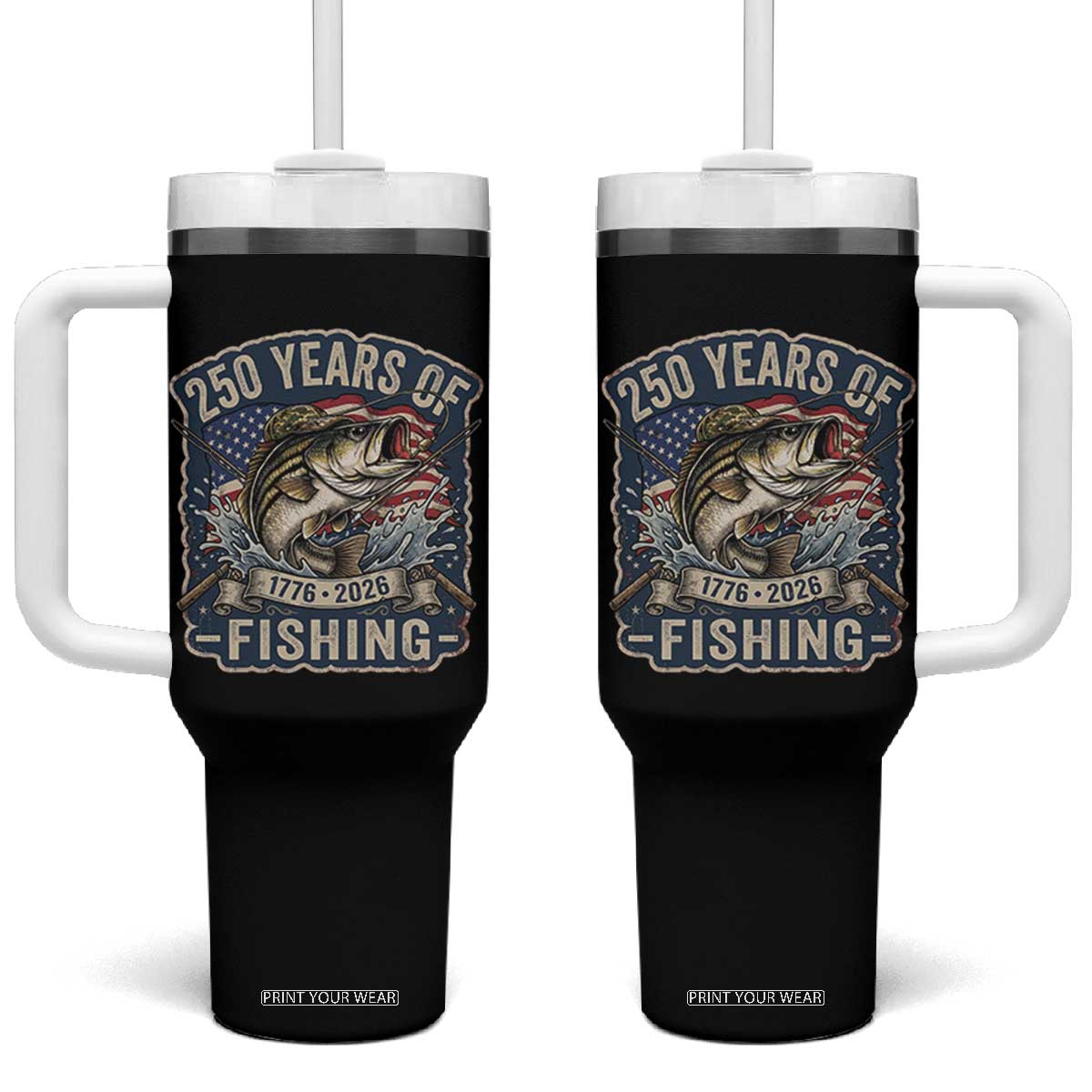 Vintage 250 Years Of Fishing Tumbler With Handle Patriotic Angler TS12 One Size: 40 oz Black Print Your Wear