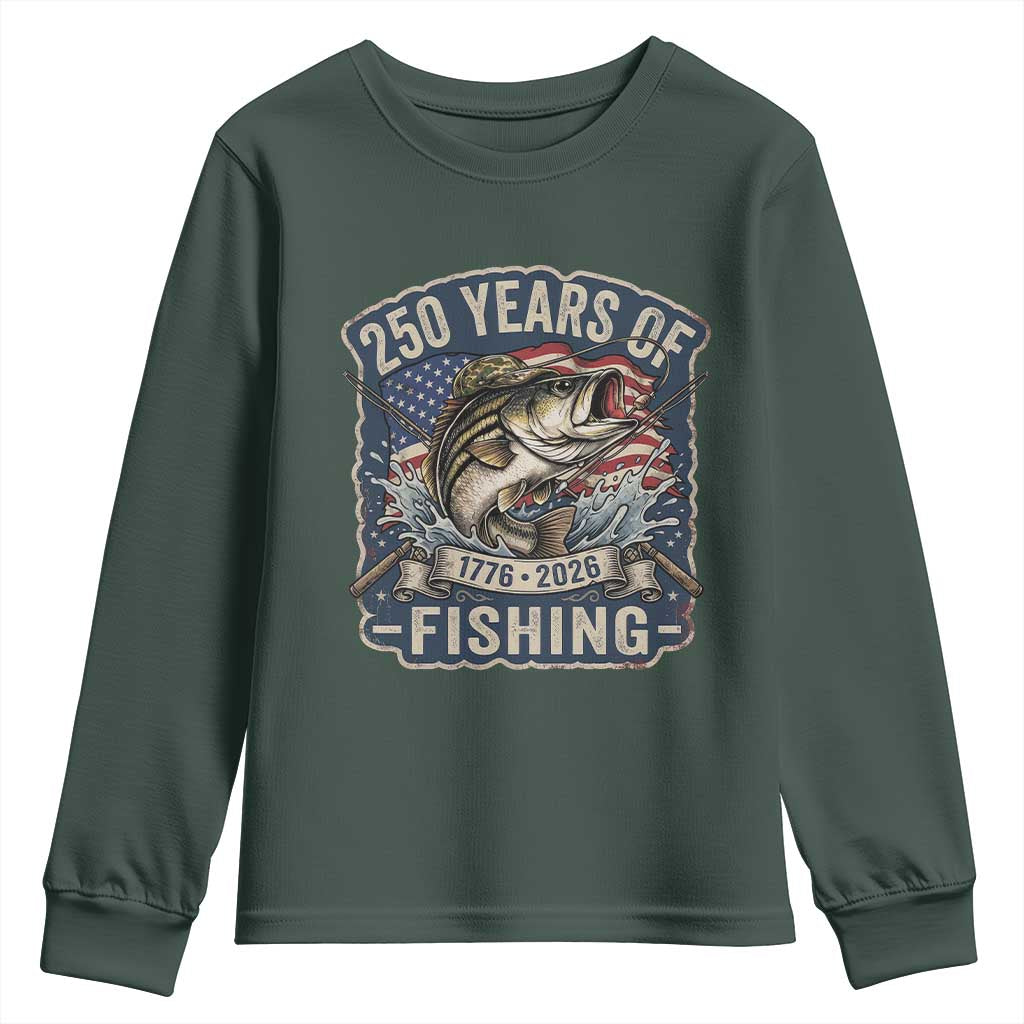 Vintage 250 Years Of Fishing Youth Sweatshirt Patriotic Angler TS12 Dark Forest Green Print Your Wear